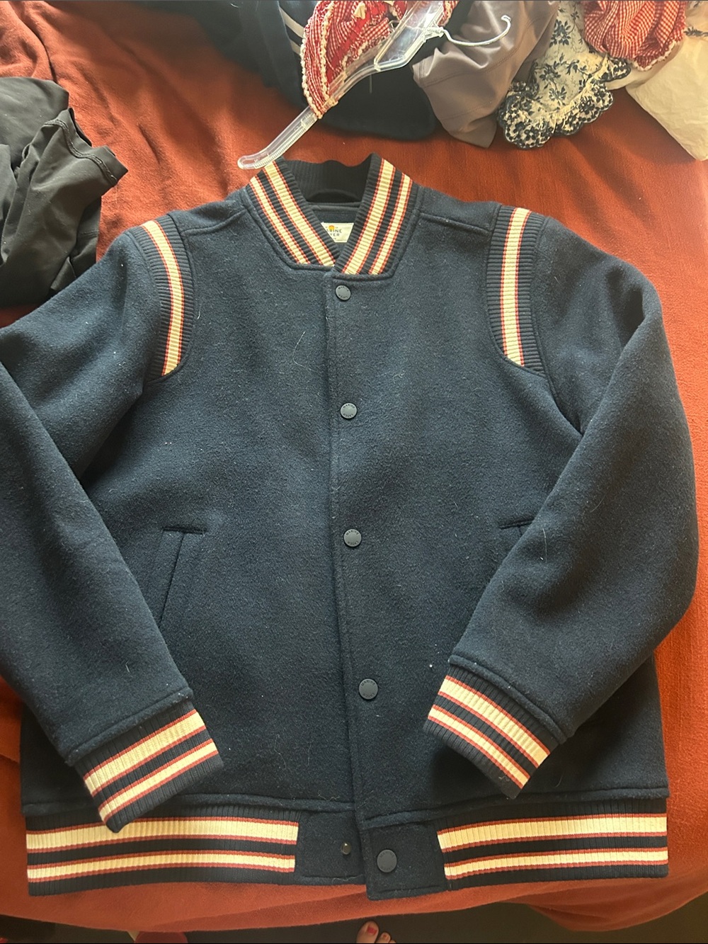 Marine Layer Navy Bomber Jacket with Red and Cream Stripes